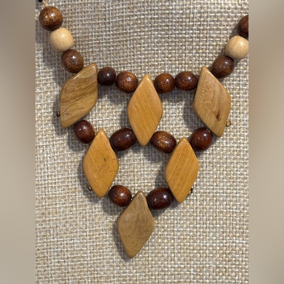 Artisan Hand-Carved Wooden Geometric Bib Statement Necklace - Picture 6 of 12